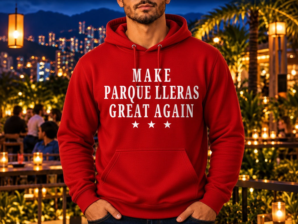 Model wearing the Red Make Parque Lleras Great Again hoodie